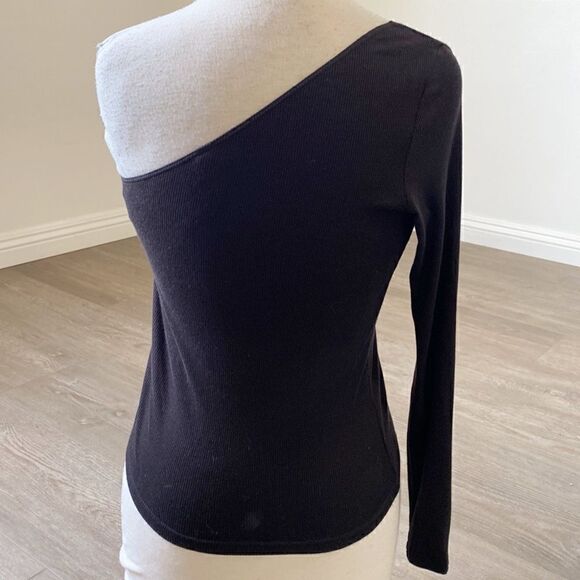 American Apparel Black Thin Ribbed One Sleeve Off Shoulder Top - Picture 2 of 4